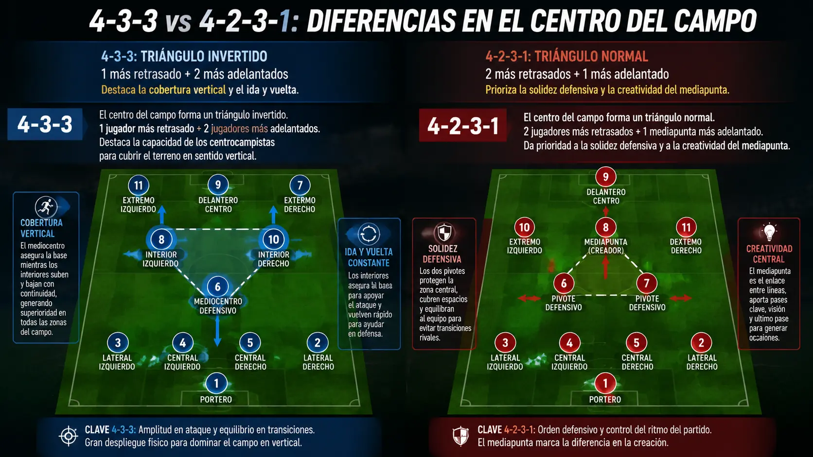 La gran diferencia en la estructura del centro del campo entre los sistemas 4-3-3 y 4-2-3-1.