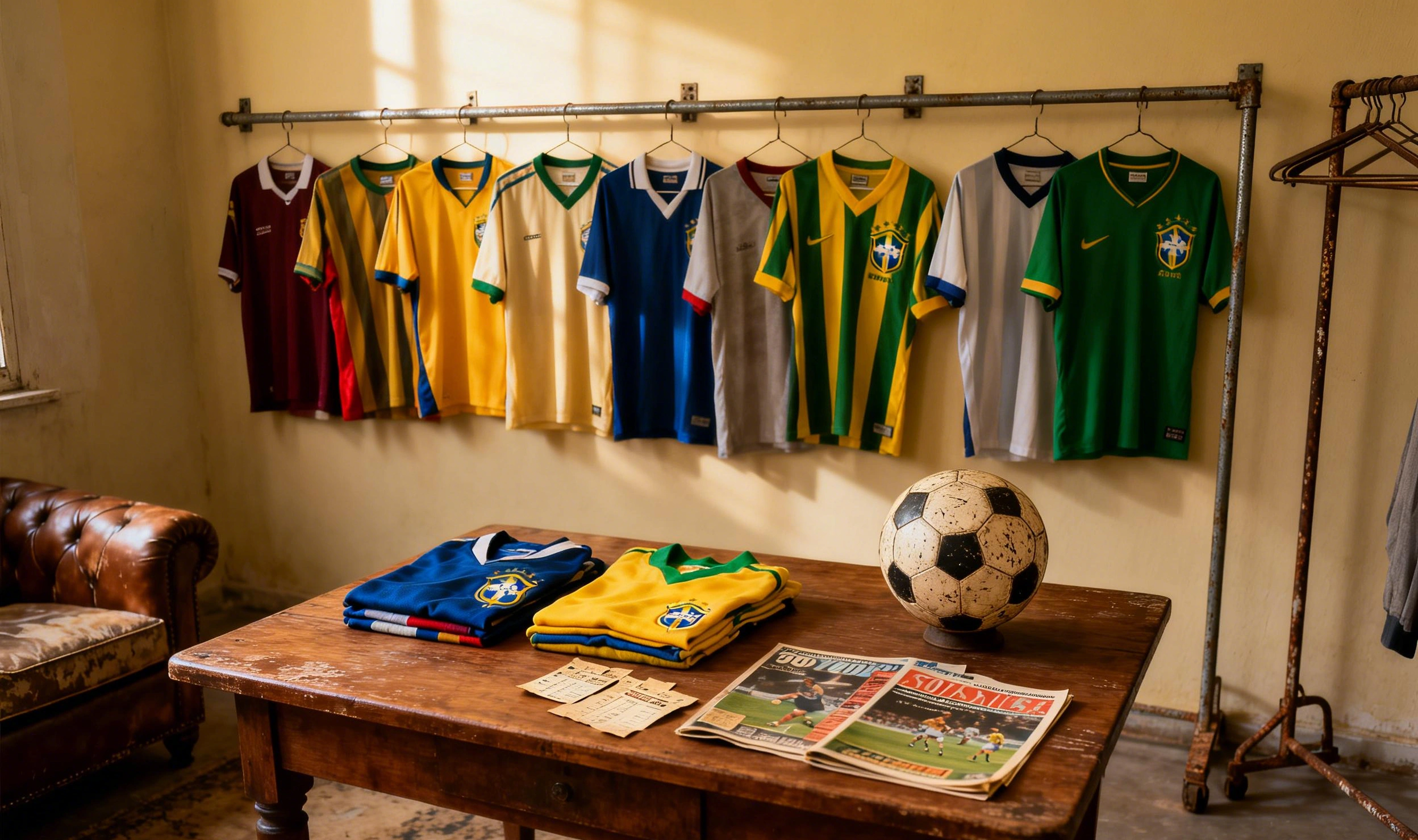 Colección: varias camisetas de fútbol de los 90 colgadas ordenadamente en la pared