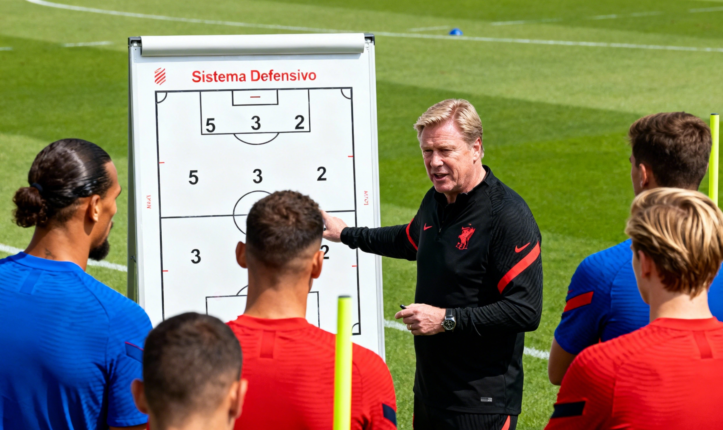Ronald Koeman explica táctica a sus jugadores en entrenamiento