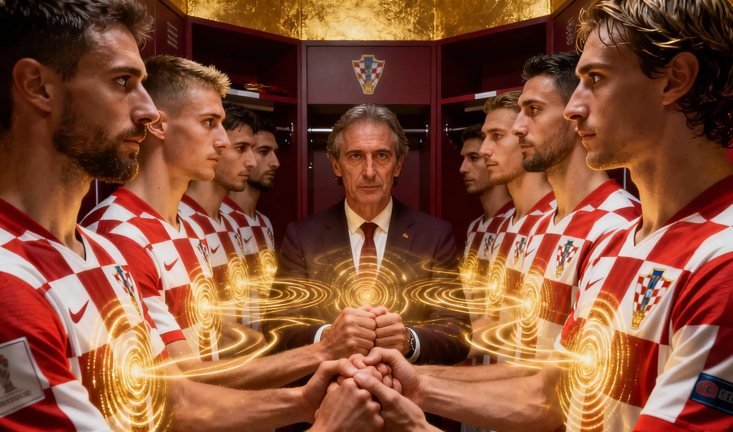 Dalić en vestuario mira a jugadores, ondas doradas de resonancia espiritual