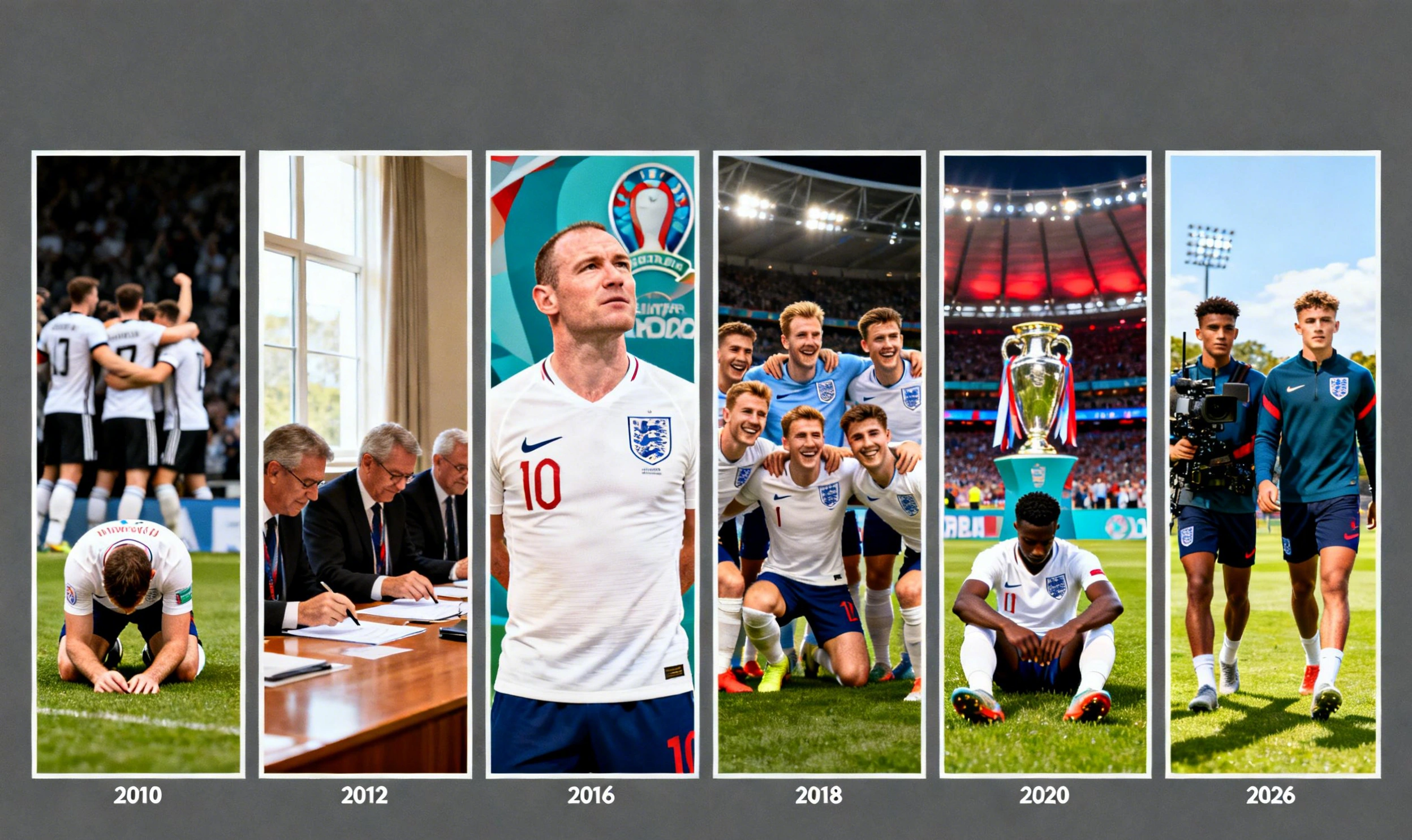 Collage de seis momentos icónicos del fútbol inglés desde 2010 hasta la perspectiva 2026