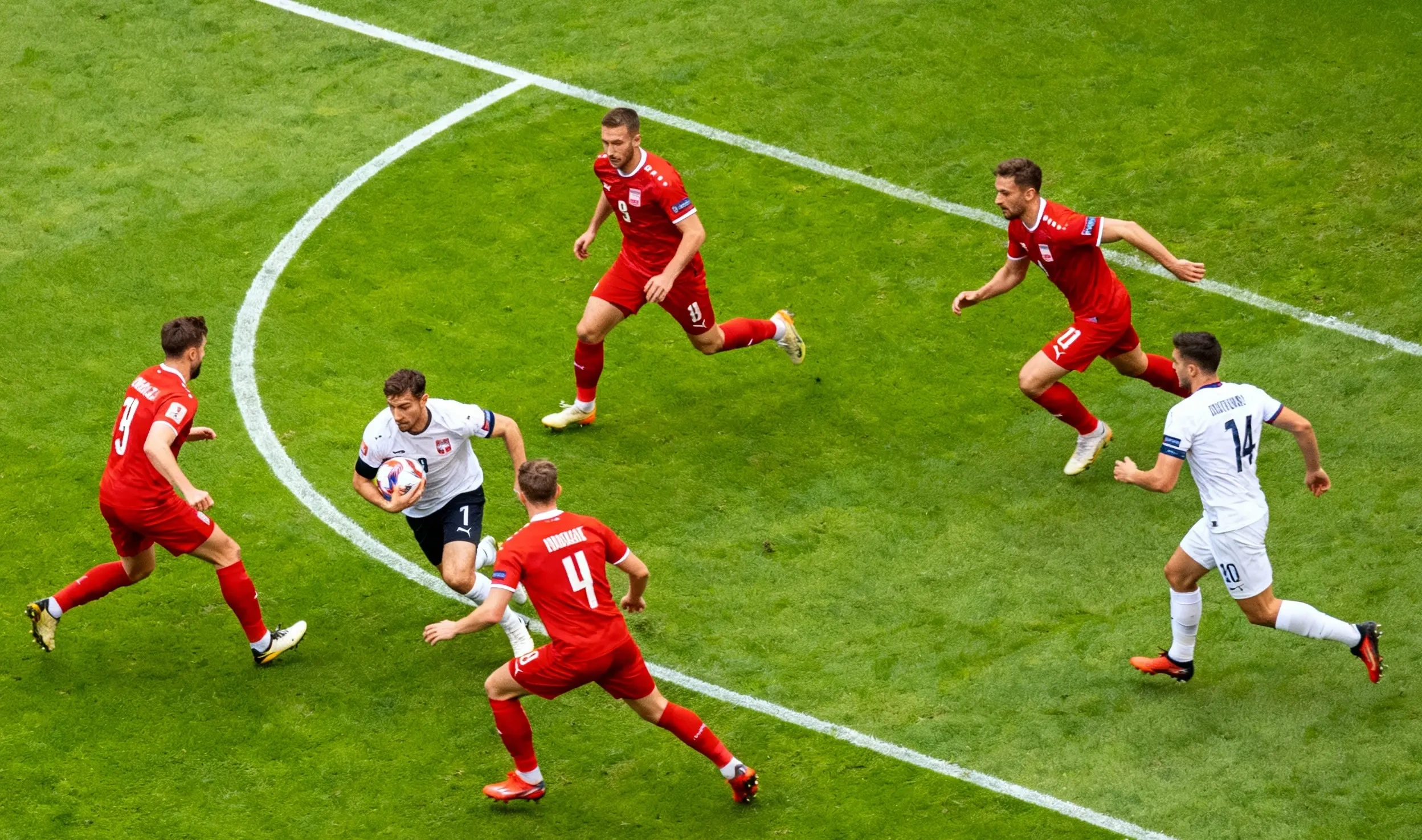 Cerco perfecto en la esquina, cuatro jugadores austriacos atrapan al rival.