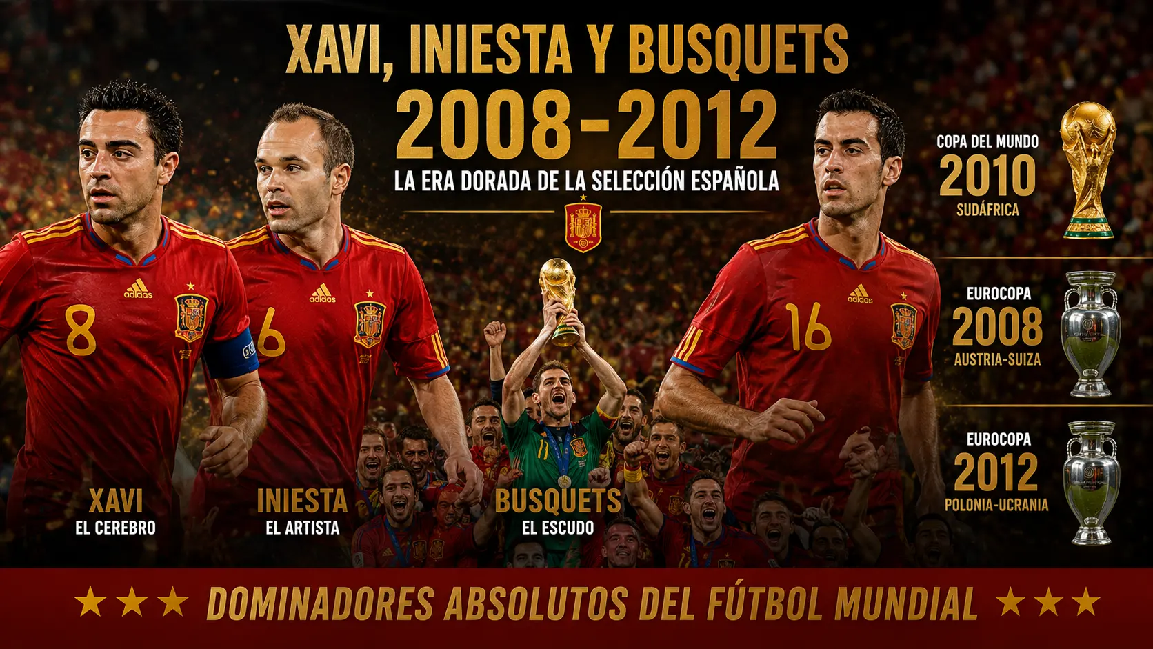 Xavi, Iniesta y Busquets iniciaron la dinastía de la selección española.