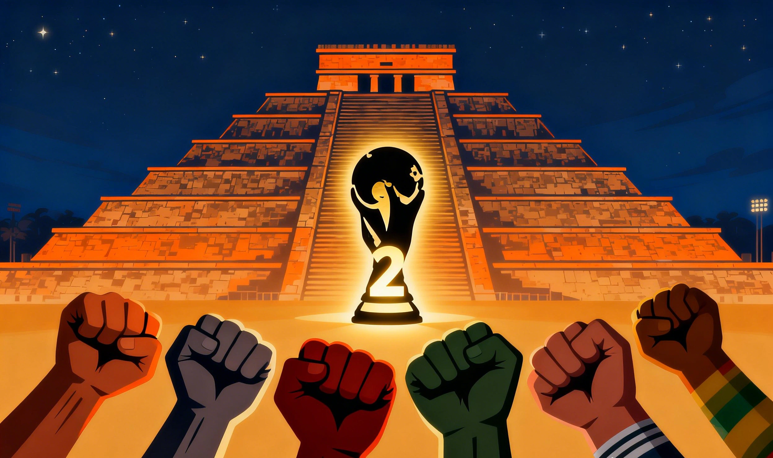 México como sede del repechaje: silueta de la Pirámide del Sol y el Estadio Azteca, seis puños de colores emergen del planeta simbolizando la lucha global por los últimos boletos al Mundial 2026