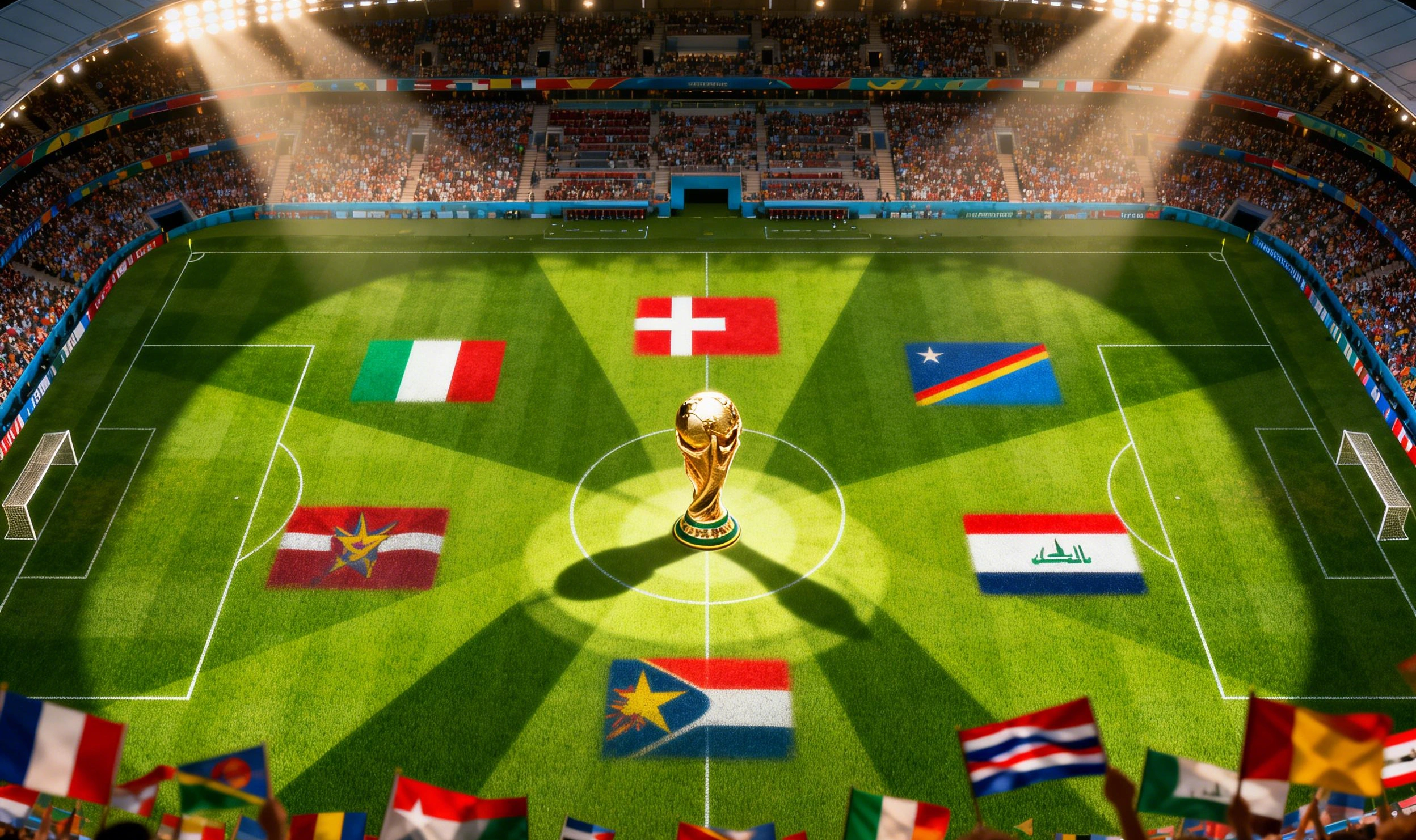 Vista aérea de un campo de fútbol dividido en seis sectores, cada uno con una bandera ondeando: representación de los seis equipos que compiten por las plazas intercontinentales y el espíritu de lucha en Europa