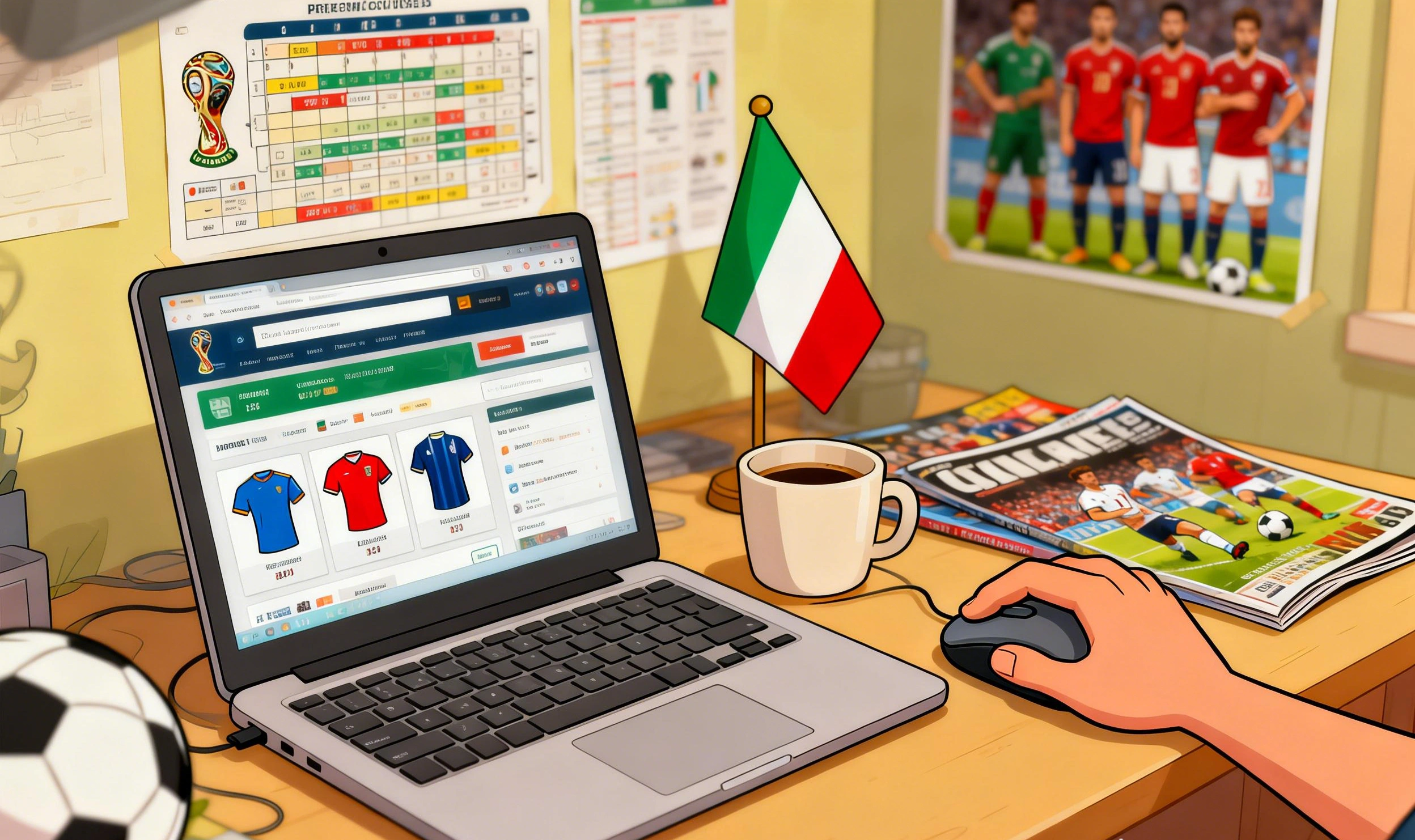 Laptop con pantalla mostrando una tienda online de camisetas de fútbol, réplicas oficiales de selecciones mundialistas, interfaz moderna de compra
