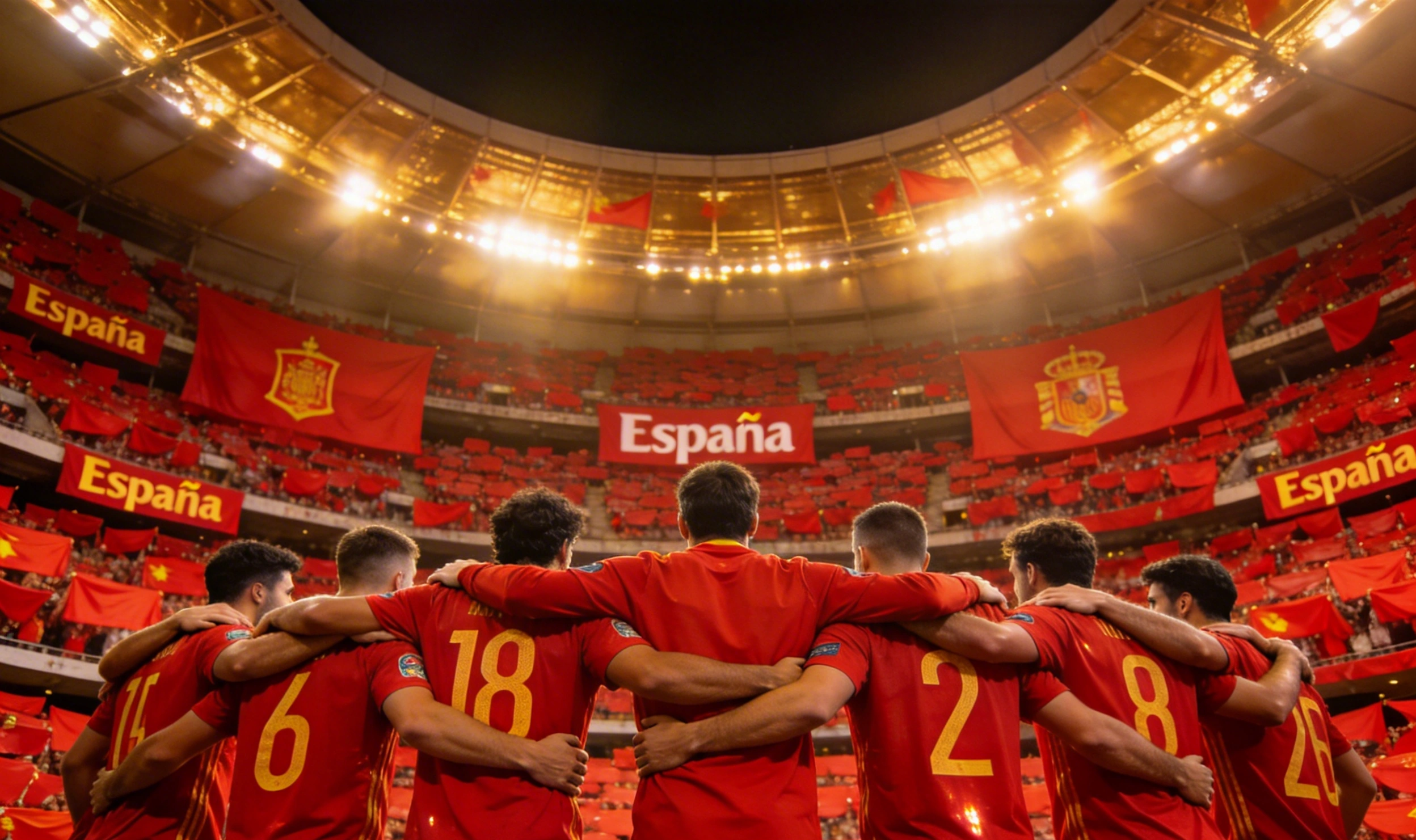 Panorámica de la selección española cantando el himno antes de un partido internacional, con afición al fondo