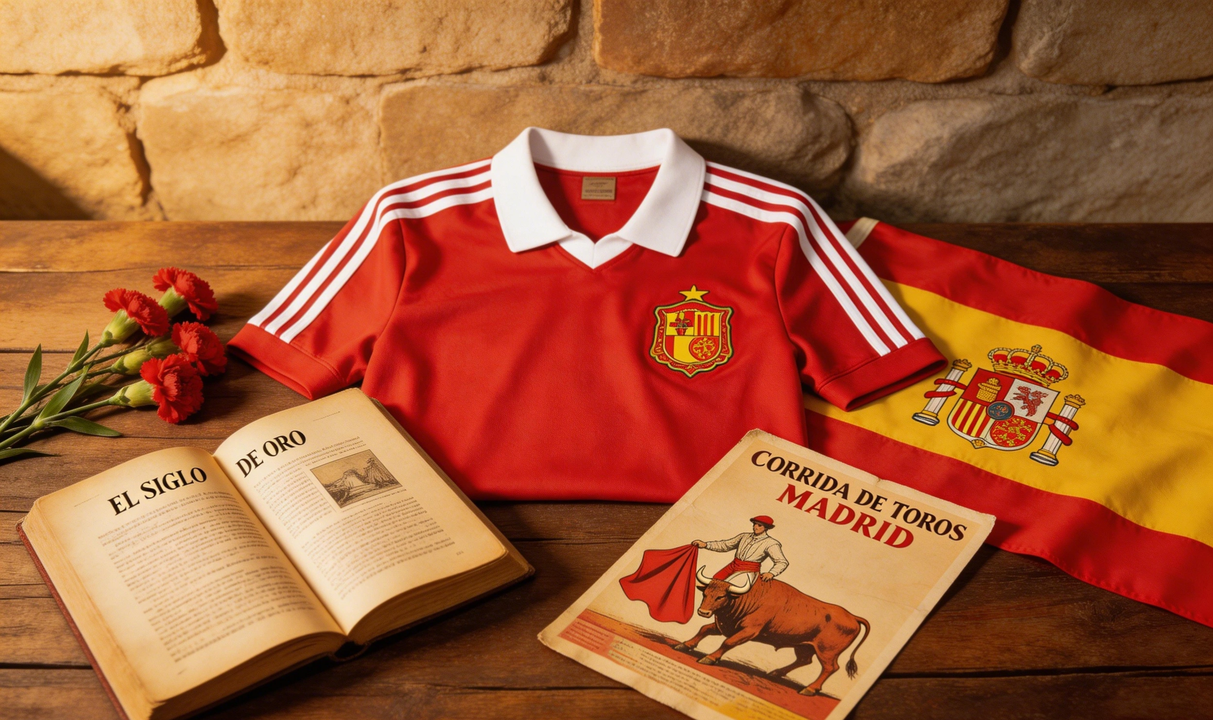 Camiseta antigua de la selección española junto a una bandera de España, evocando la tradición