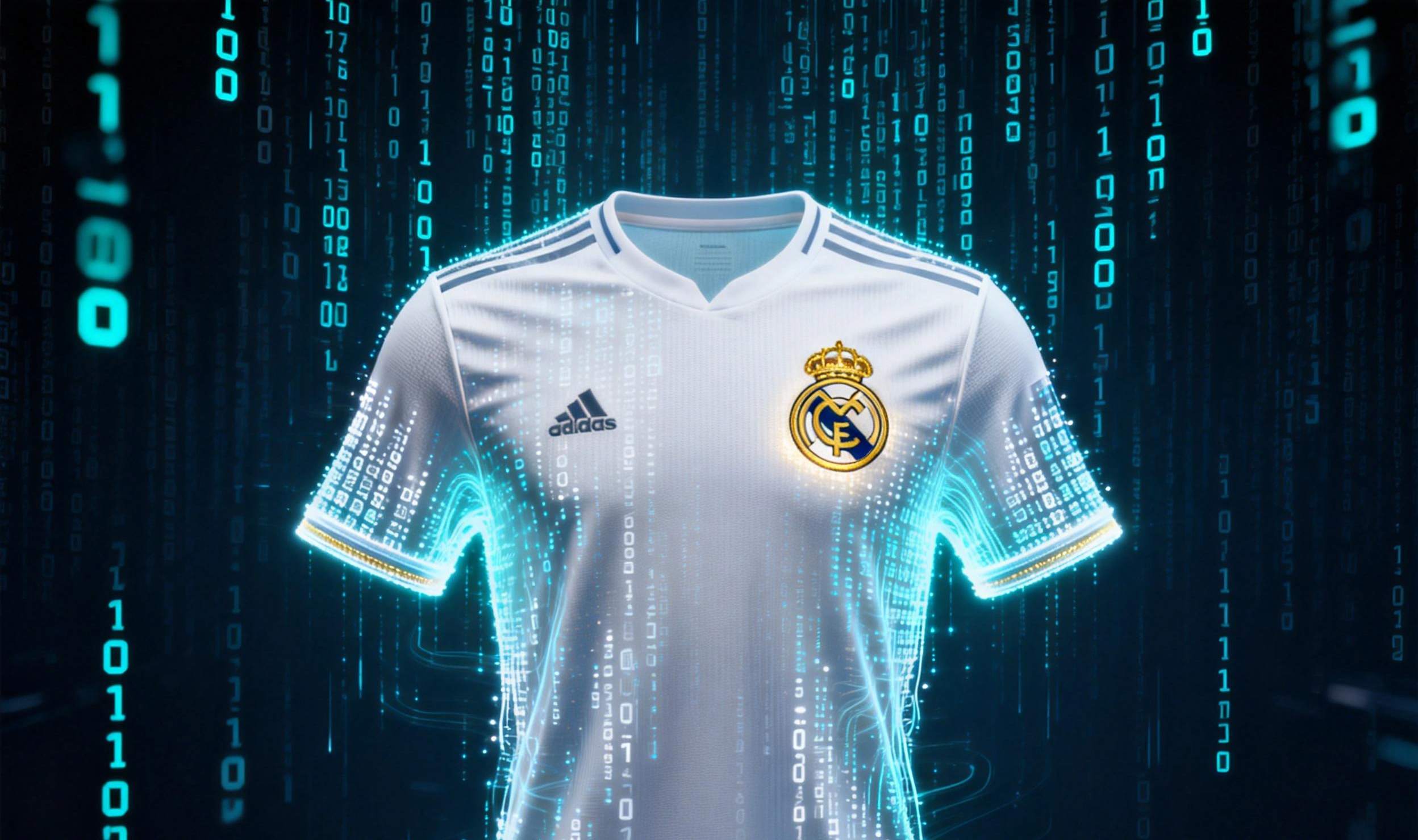 Código binario formando la silueta de la camiseta del Real Madrid