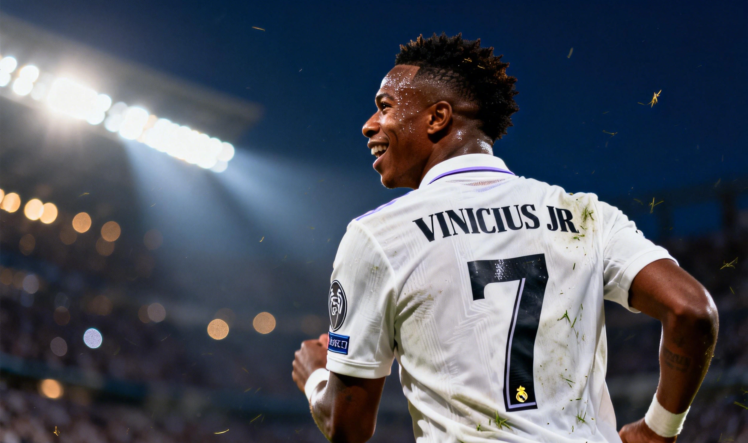Vinicius Junior celebrando un gol con la camiseta del Real Madrid en un partido de Champions League