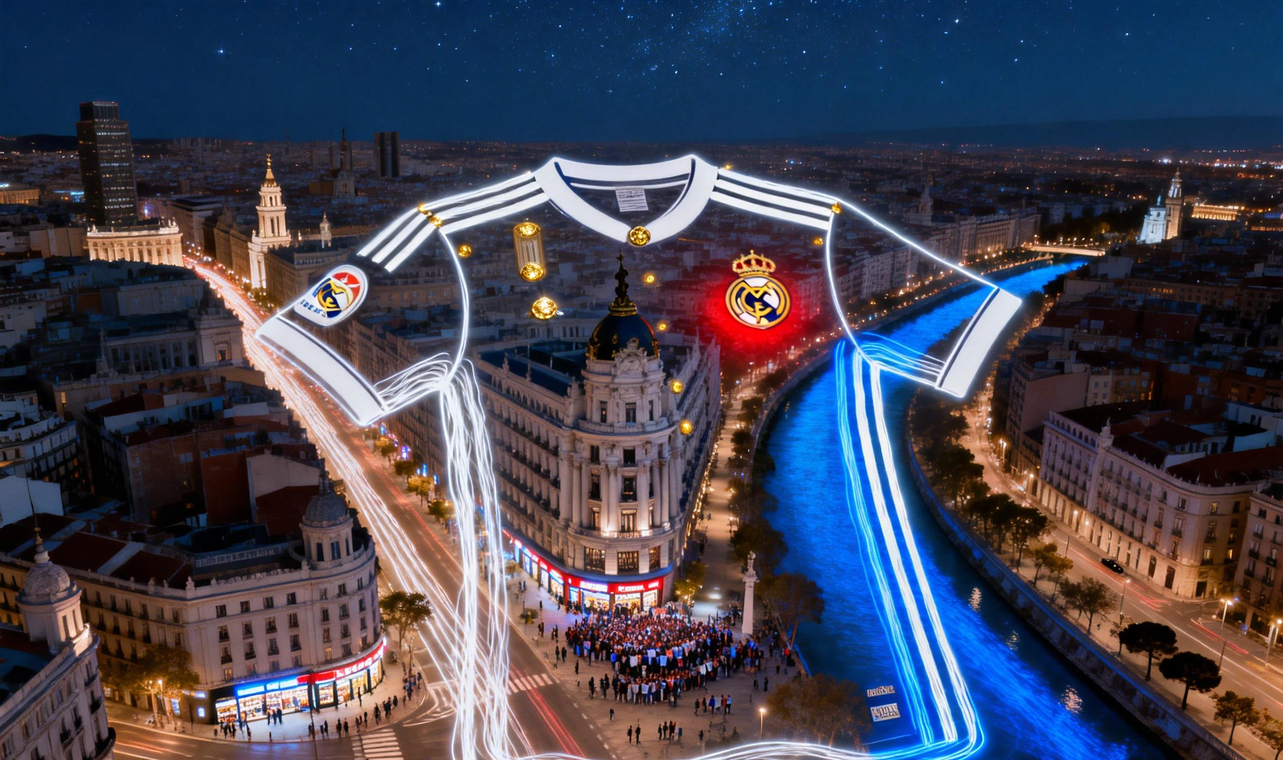 Mapa nocturno de Madrid con las luces formando la silueta de la camiseta del Real Madrid