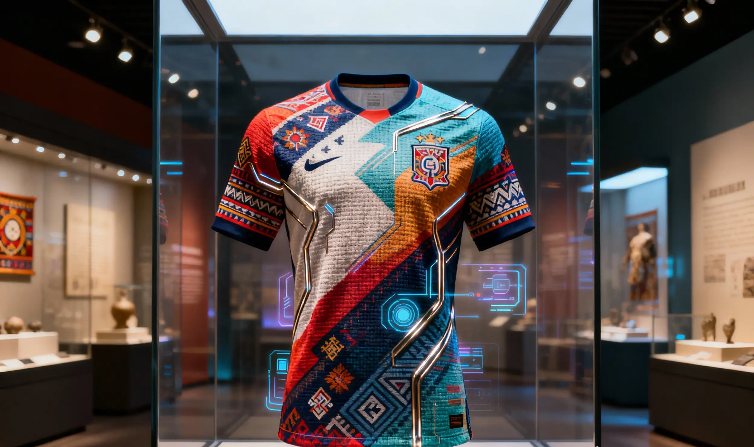 Camiseta de selección con símbolos tradicionales y diseño futurista ultrarrealista. Camiseta de selección con símbolos tradicionales y diseño futurista ultrarrealista.