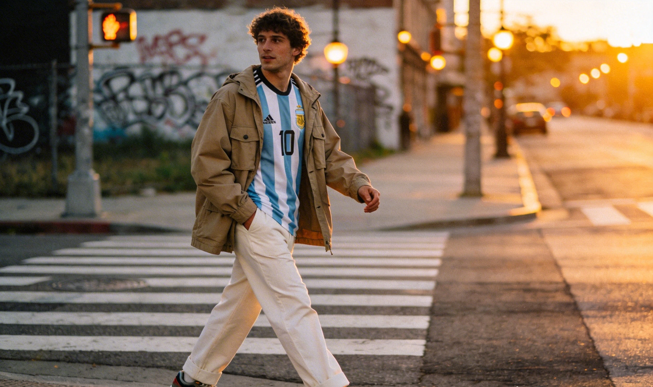 Hombre en calle urbana al atardecer con camiseta de fútbol y chaqueta cargo beige