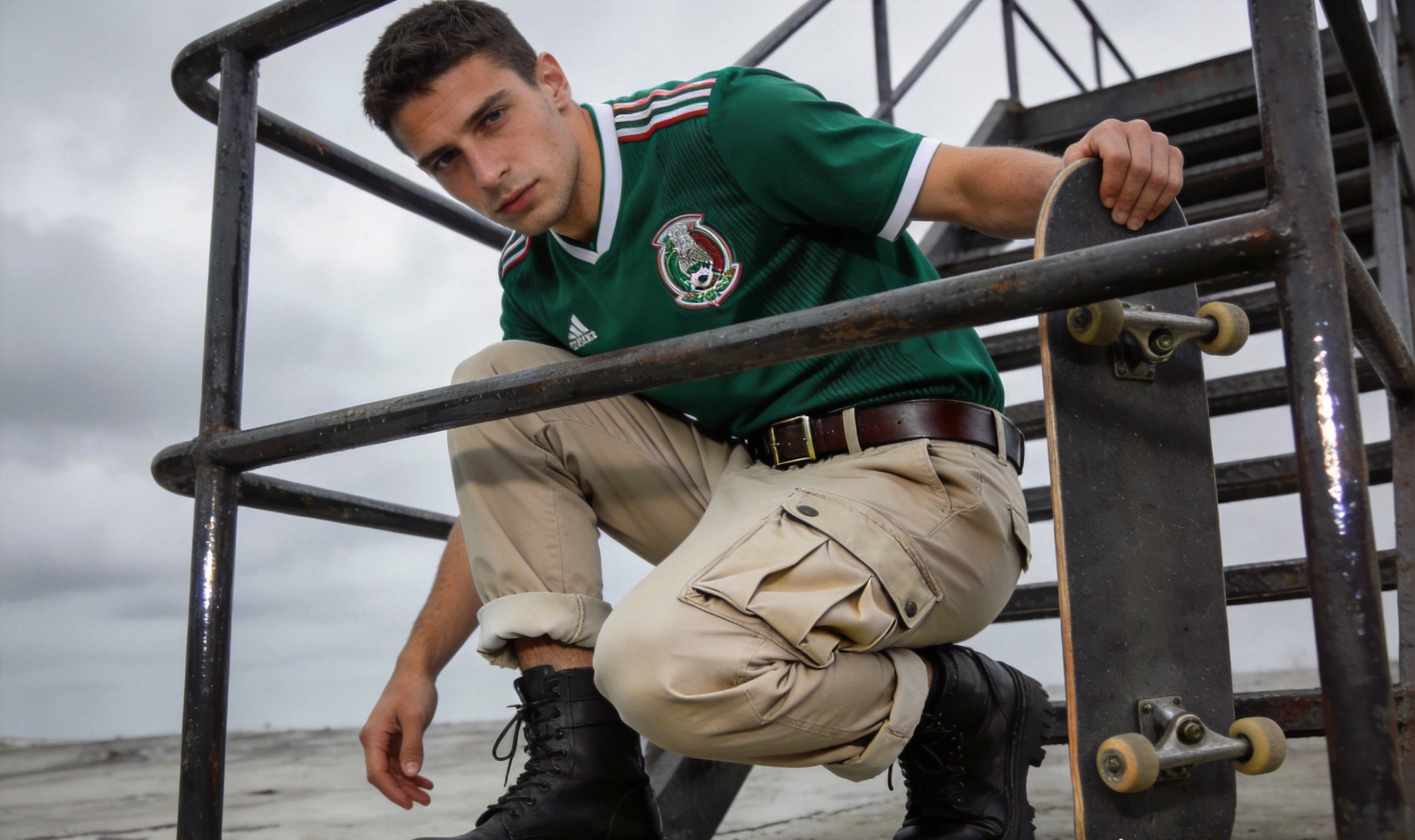 Modelo en escaleras industriales con camiseta de fútbol colorida y pantalón cargo