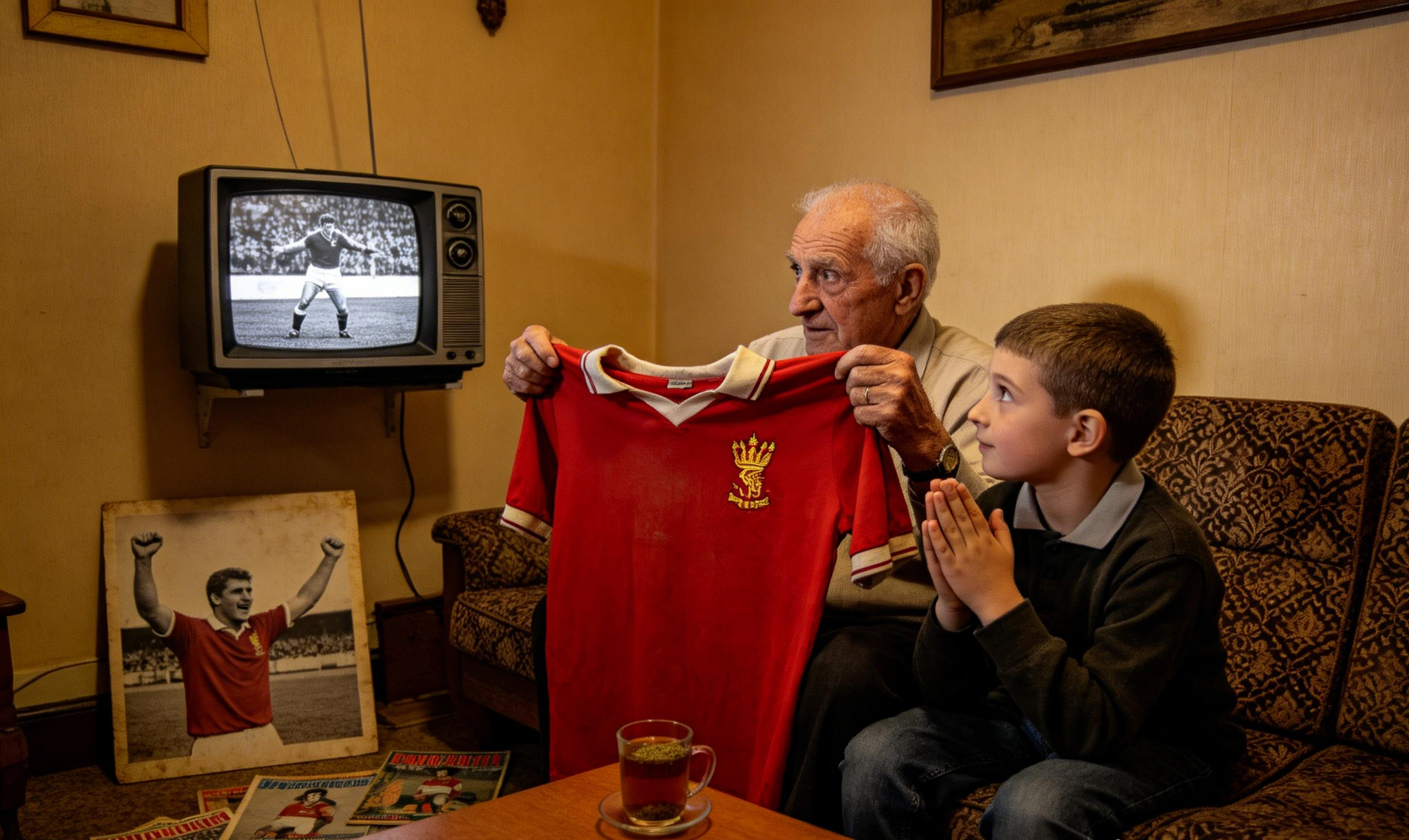 Abuelo y niño mirando una camiseta retro del Liverpool
