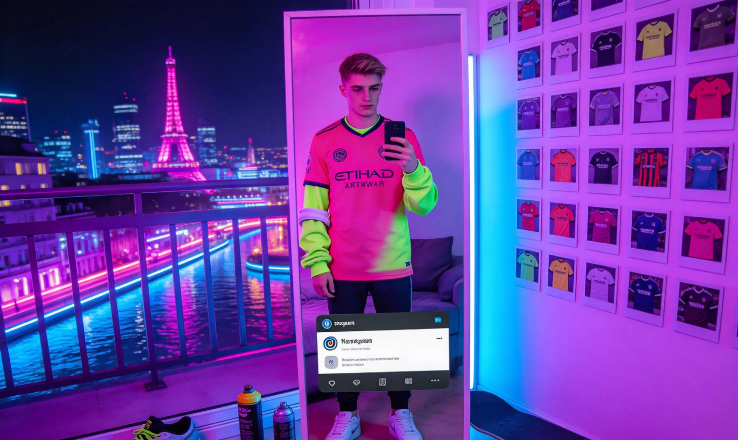 Joven posando con una camiseta de fútbol vanguardista
