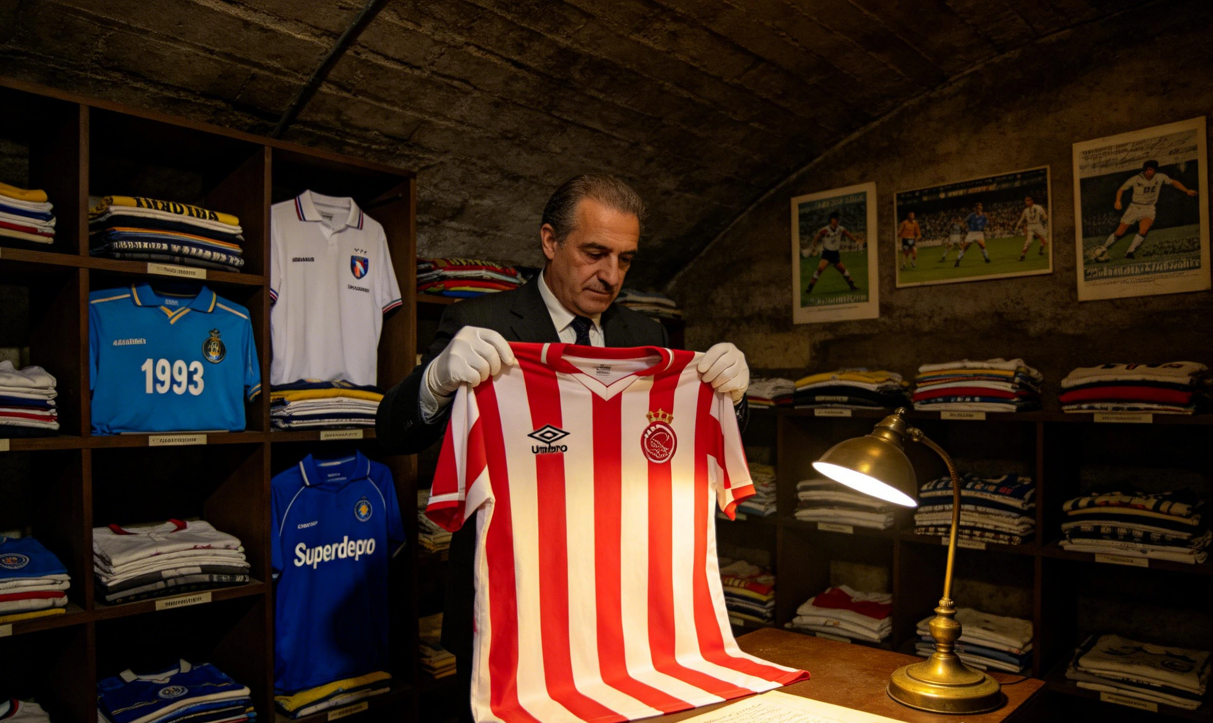 Estantería con camisetas de fútbol de diferentes épocas