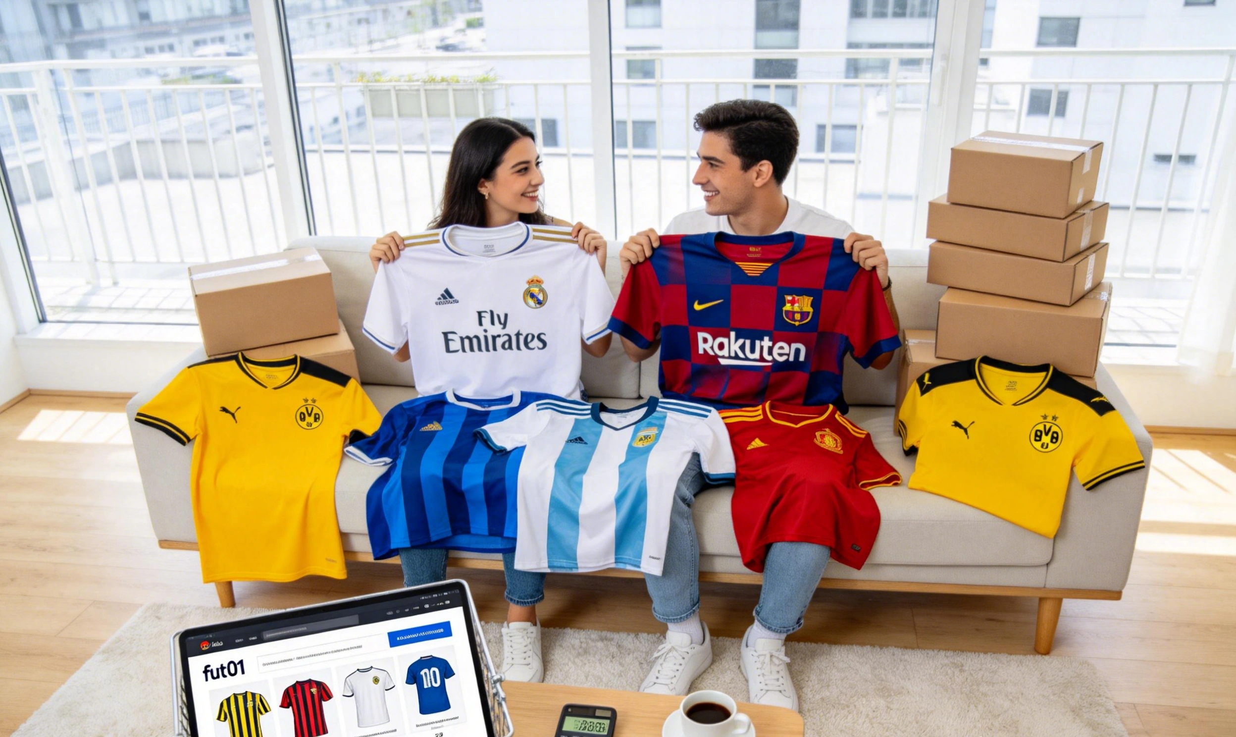 Hombre y mujer sentados con múltiples camisetas de fútbol