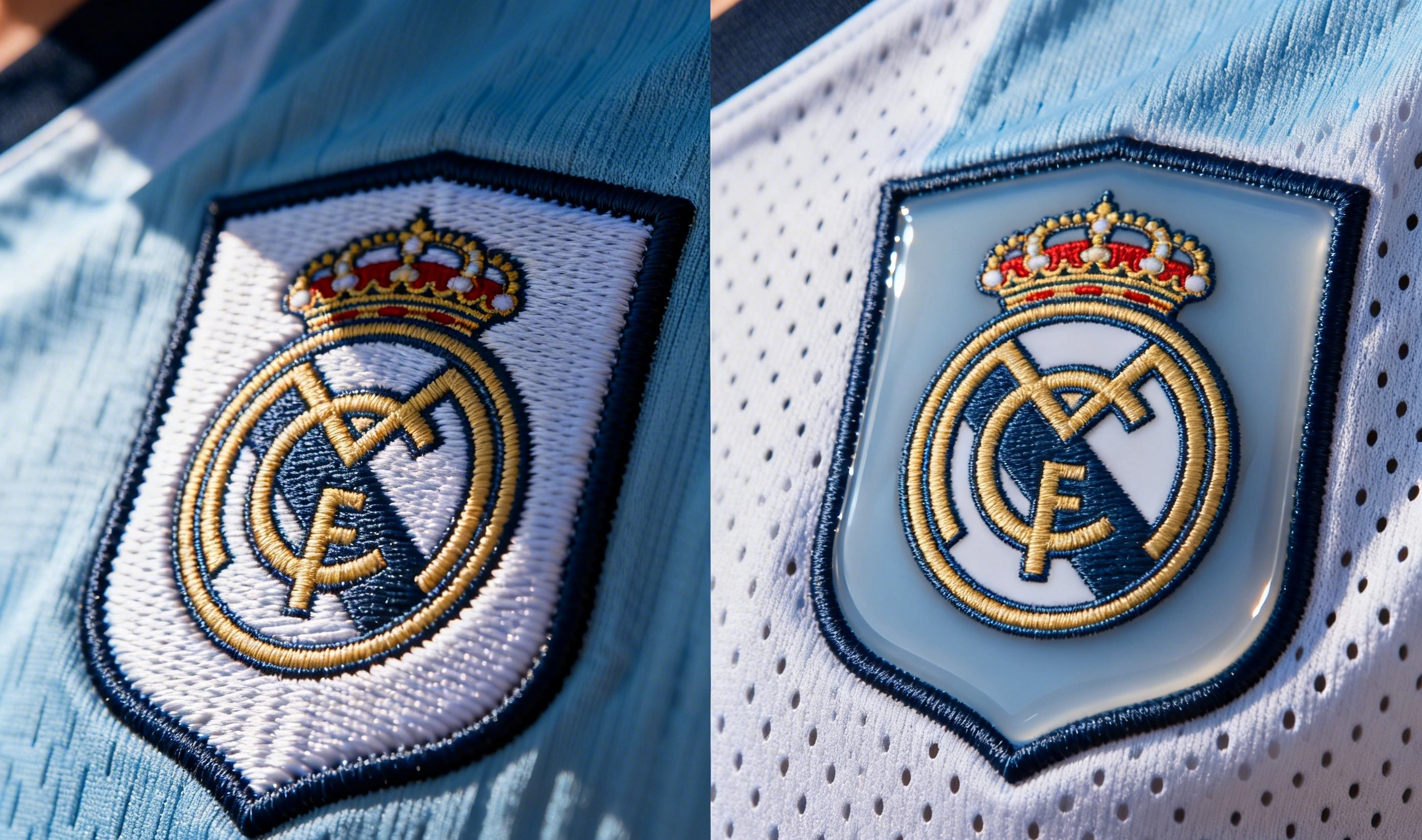 Detalle de escudo bordado en versión hincha vs escudo termopegado en versión jugador