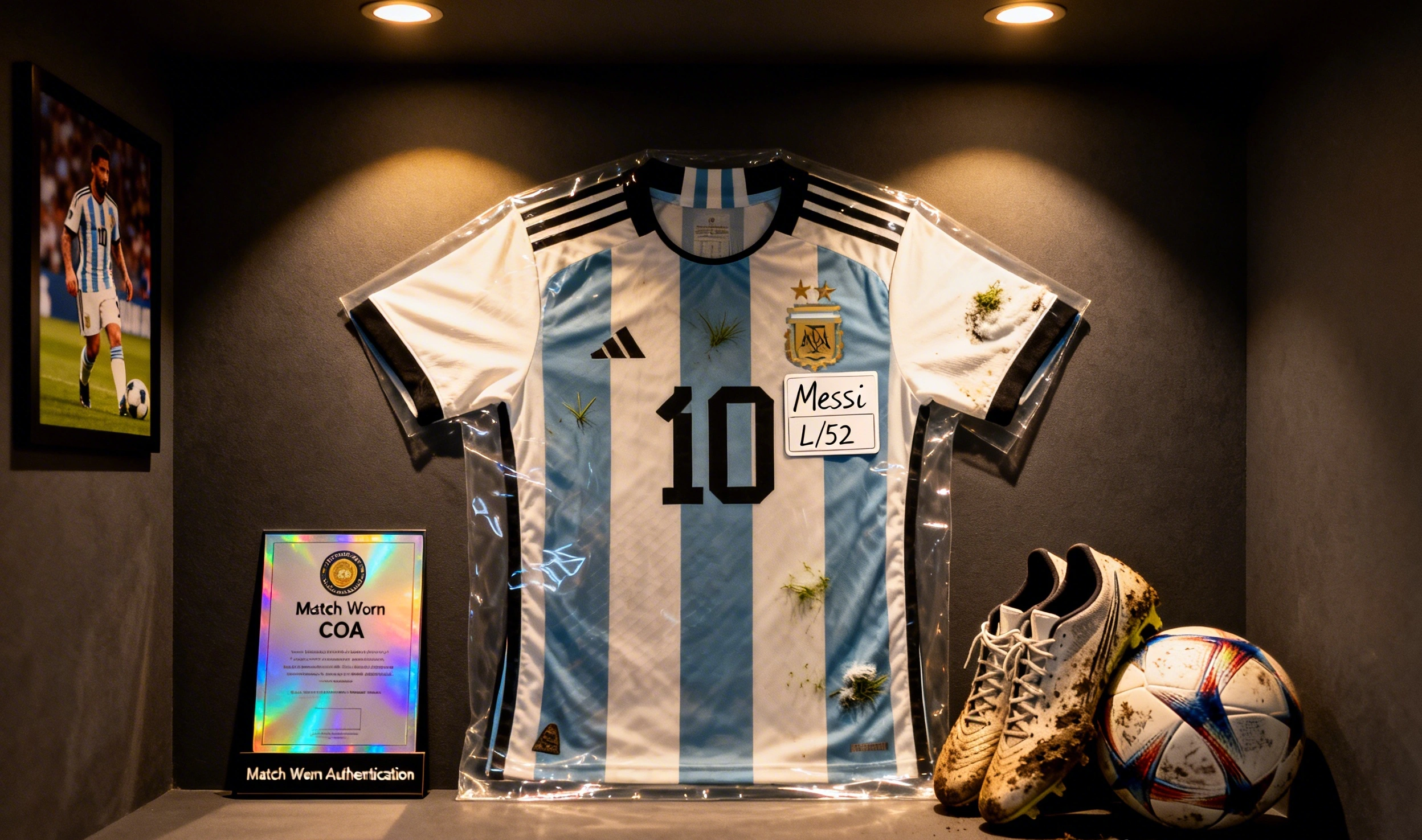 Camiseta Match Worn de Messi con la 10, guardada en funda de coleccionista