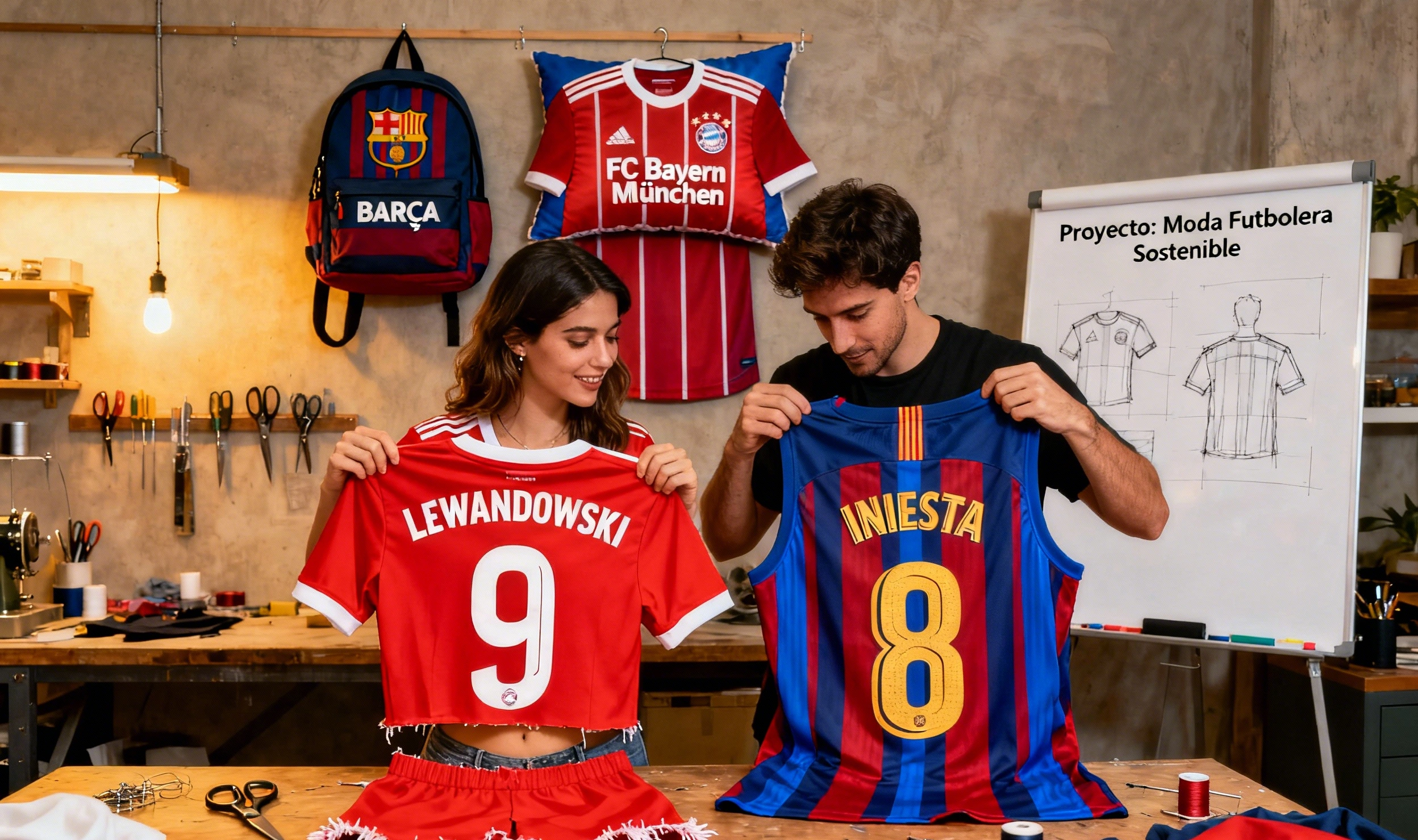 Pareja en un taller creativo transformando camisetas de fútbol viejas. Se ve una camiseta del Bayern con 'Lewandowski 9' y una del Barça con 'Iniesta 8' en un proyecto de moda sostenible.