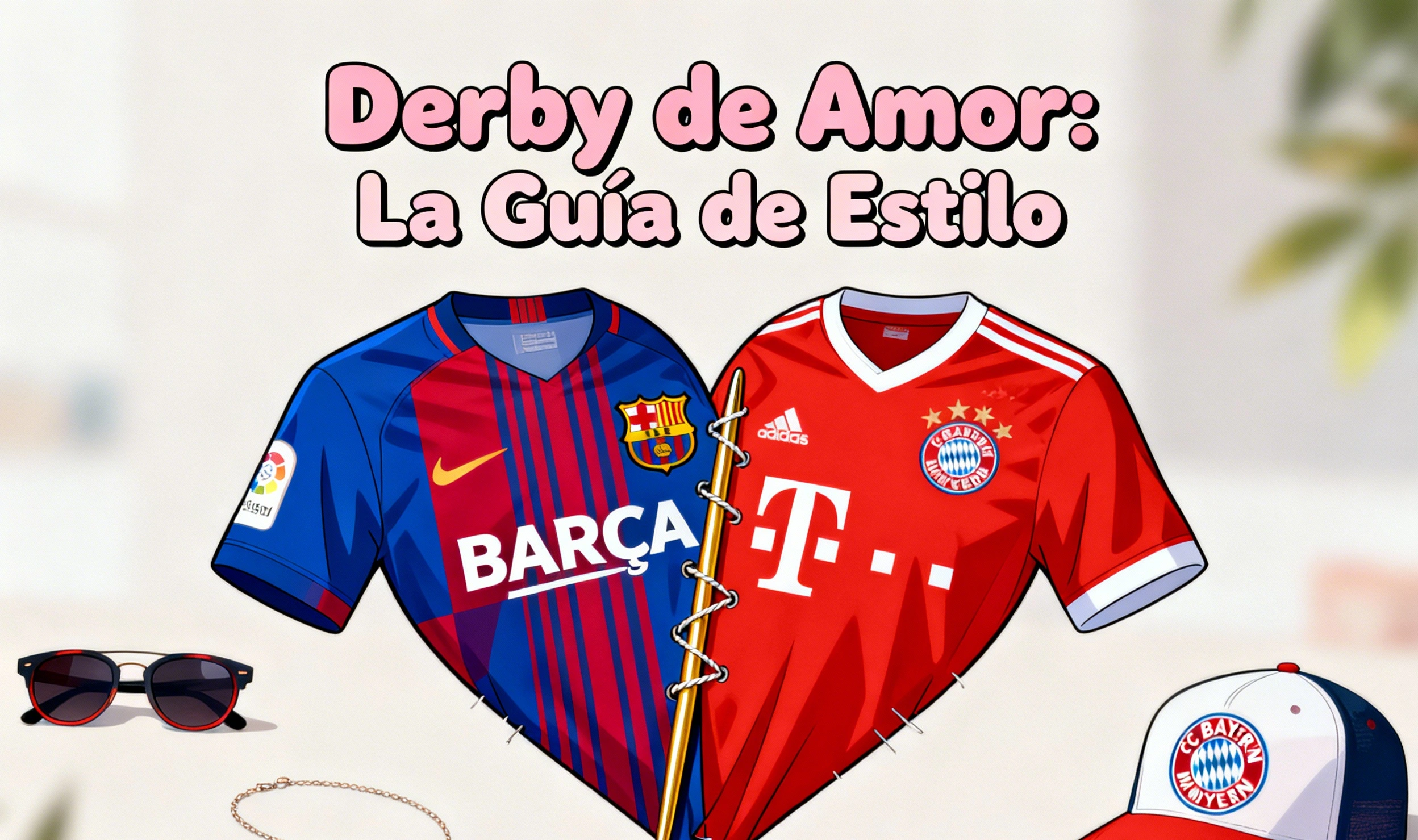 Una camiseta del FC Barcelona (azulgrana) y una del Bayern de Múnich (roja) entrelazadas formando un corazón, con el texto 'Derby de Amor: La Guía de Estilo' y el resultado 'BARCA 1:1'.