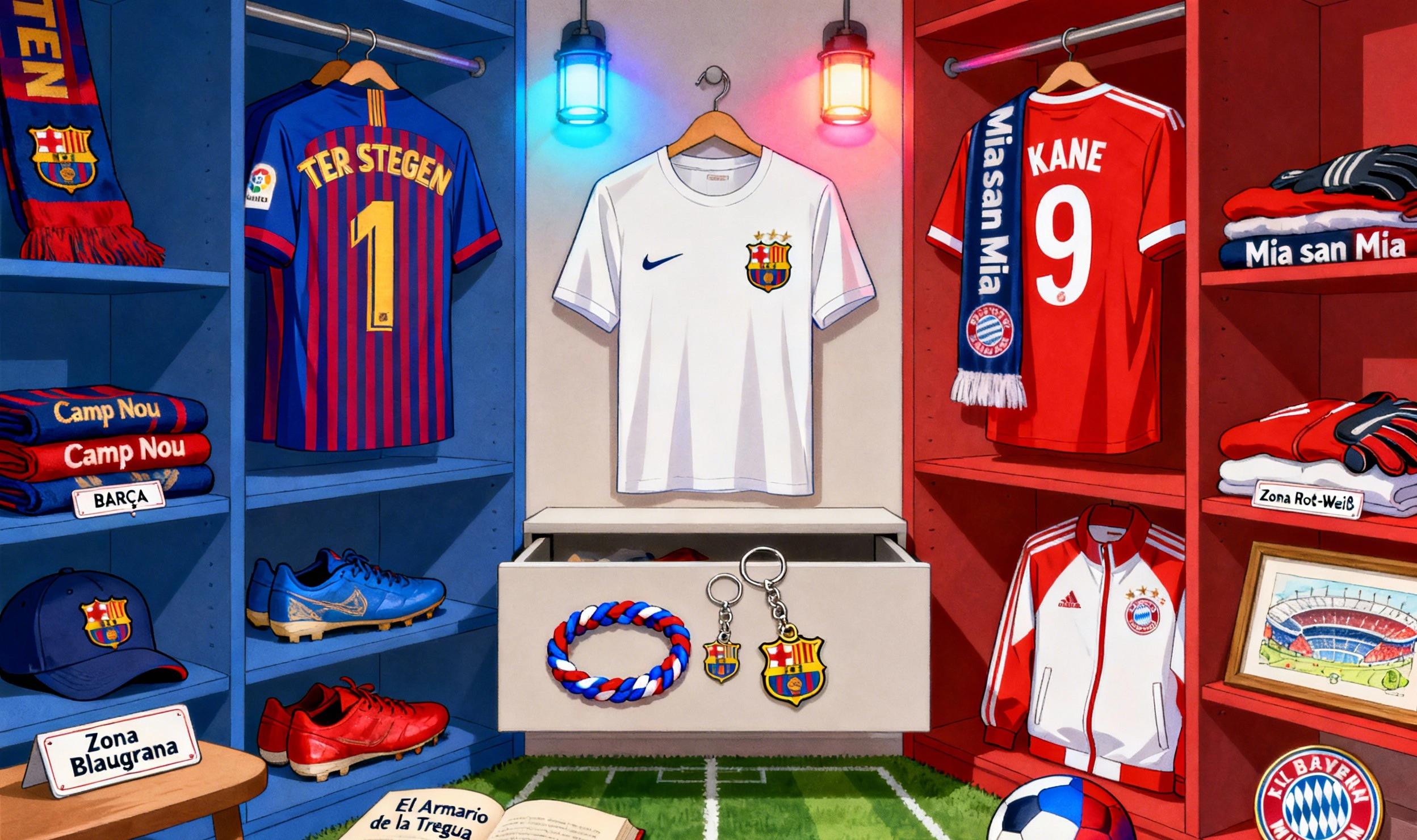 Interior de un armario organizado que muestra cómo almacenar armoniosamente la ropa de dos equipos rivales. Se ven secciones etiquetadas como 'Zona Rot-Weiß', 'Blaugrana' y 'Zona de la Tregua', con camisetas de Ter Stegen (Barça) y Kane (Bayern).