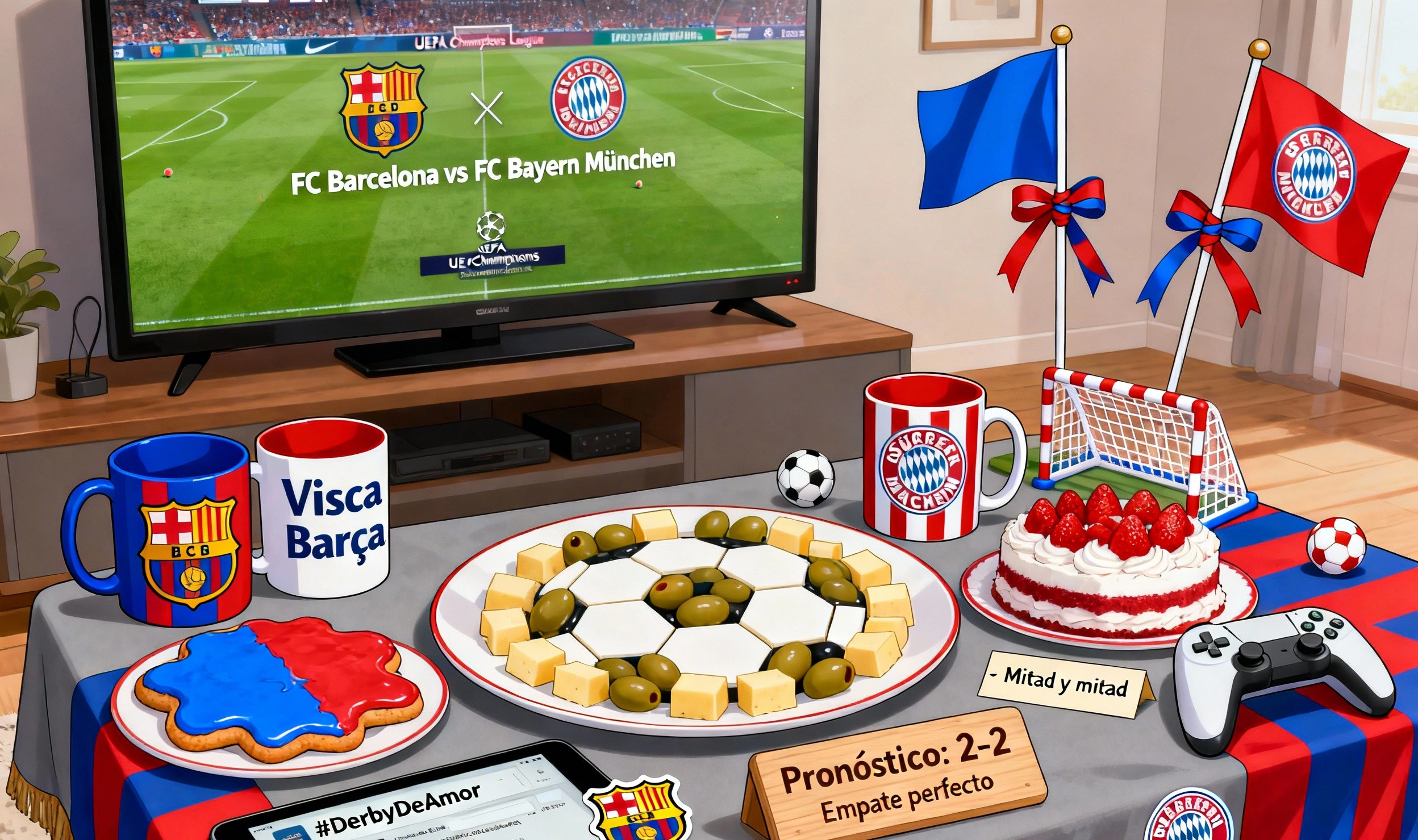 Mesa de café preparada para ver un derbi, llena de detalles creativos. Incluye un marcador que predice un empate 2-2, con las leyendas 'Visca Barça' y 'Mia san Mia', símbolos de ambos clubes y elementos decorativos.